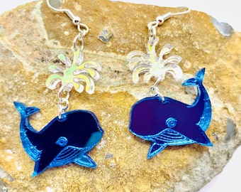 Laser Cut Kawaii Blue Whale Acrylic Earrings, Ocean Animal Statement Earrings, Original Design by Me