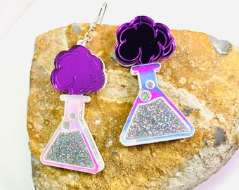 Science Lab Flask Acrylic Earrings, Glitter Iridescent Nerd Earrings, Purple Chemical Reaction Statement Earrings Pierced or Clip-on