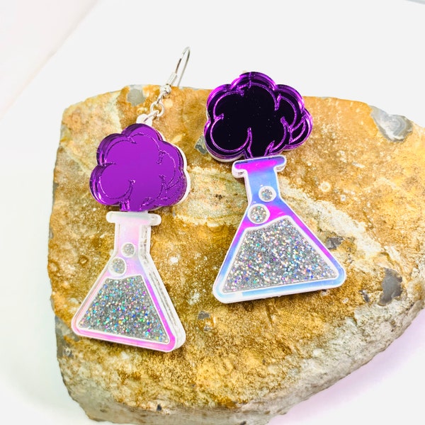 Science Lab Flask Acrylic Earrings, Glitter Iridescent Nerd Earrings, Purple Chemical Reaction Statement Earrings Pierced or Clip-on
