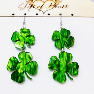 Iridescent Green Double Clover Acrylic Earrings, St. Patrick's Day Shamrock Statement Earrings, Lucky Earrings