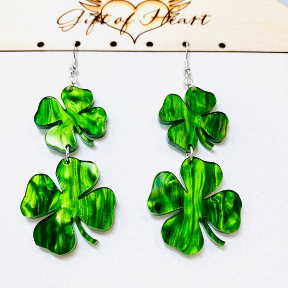 Iridescent Green Double Clover Acrylic Earrings St. - Etsy
