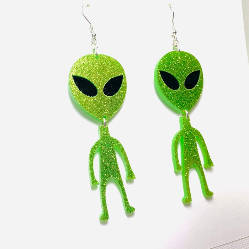 Extraterrestrial Space Statement Earrings Pierced or Clip-on Green Alien Acrylic Earrings