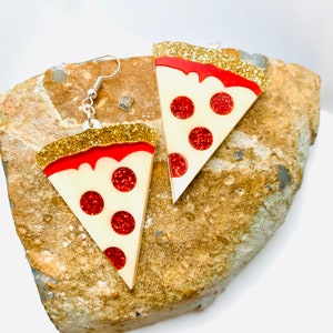 Pepperoni Pizza Acrylic Earrings, Glitter Food Statment Earrings Pierced or Clip-on