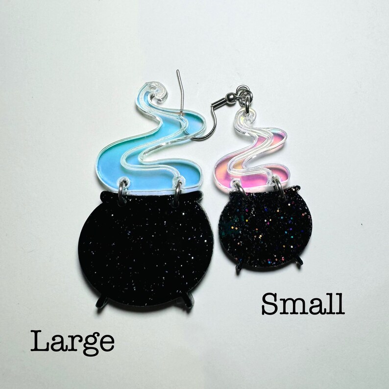 Black Cauldron Acrylic Earrings, Black Glitter Halloween Earring, Iridescent Statement Earrings Pierced or Clip-on(2 sizes) image 5