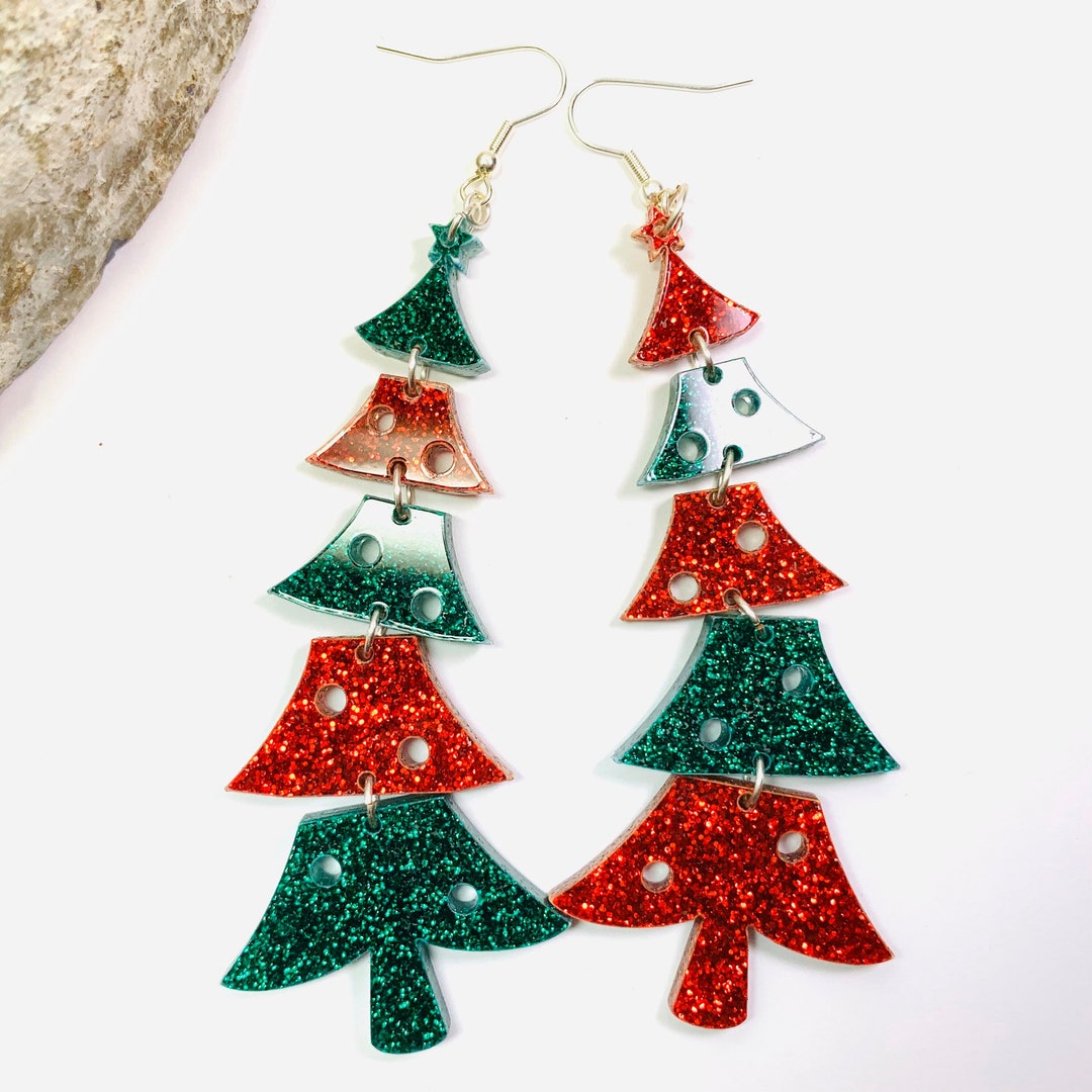 Glitter Christmas Tree Acrylic Earrings Wiggling Red and - Etsy