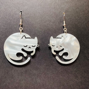 White Cat Acrylic Earrings, Feline Statement Earrings, Cat Lover Gift Pierced or Clip-on
