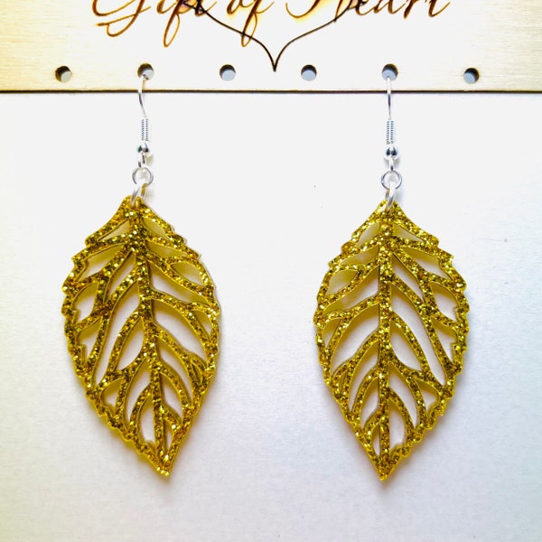 Gold Glitter Leaf Acrylic Earrings, Intricate Statement Earrings, Wooden Boho Earrings, Gift for Her Bridesmaid Gift Pierced or Clip on
