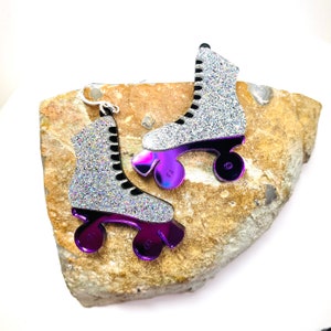 Roller Skates Acrylic Earrings, Rainbow Glitter Skates with Purple Wheels, Glitter Statement Earrings Pierced or Clip-on