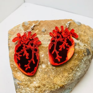 Red Anatomical Heart Acrylic Earrings, Laser Cut Love Statement Earrings Pierced or Clip-on