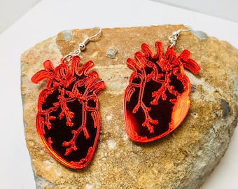 Red Anatomical Heart Acrylic Earrings, Laser Cut Love Statement Earrings Pierced or Clip-on