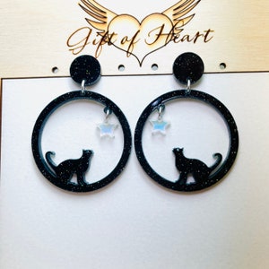 Laser Cut Acrylic Earrings Cat Lover Gift Black Cat Earrings with Sterling Silver Posts Black Glitter Cat Dangle Earrings