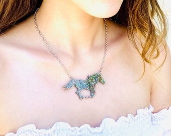 Rainbow Glitter Galloping Horse Statement Necklace, Laser Cut Acrylic Necklace with Stainless Steel Chain