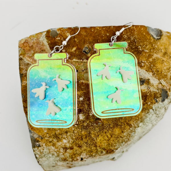 Glow in the Dark Fireflies in Jar Acrylic Earrings, Iridescent Earrings Pierced or Clip-On