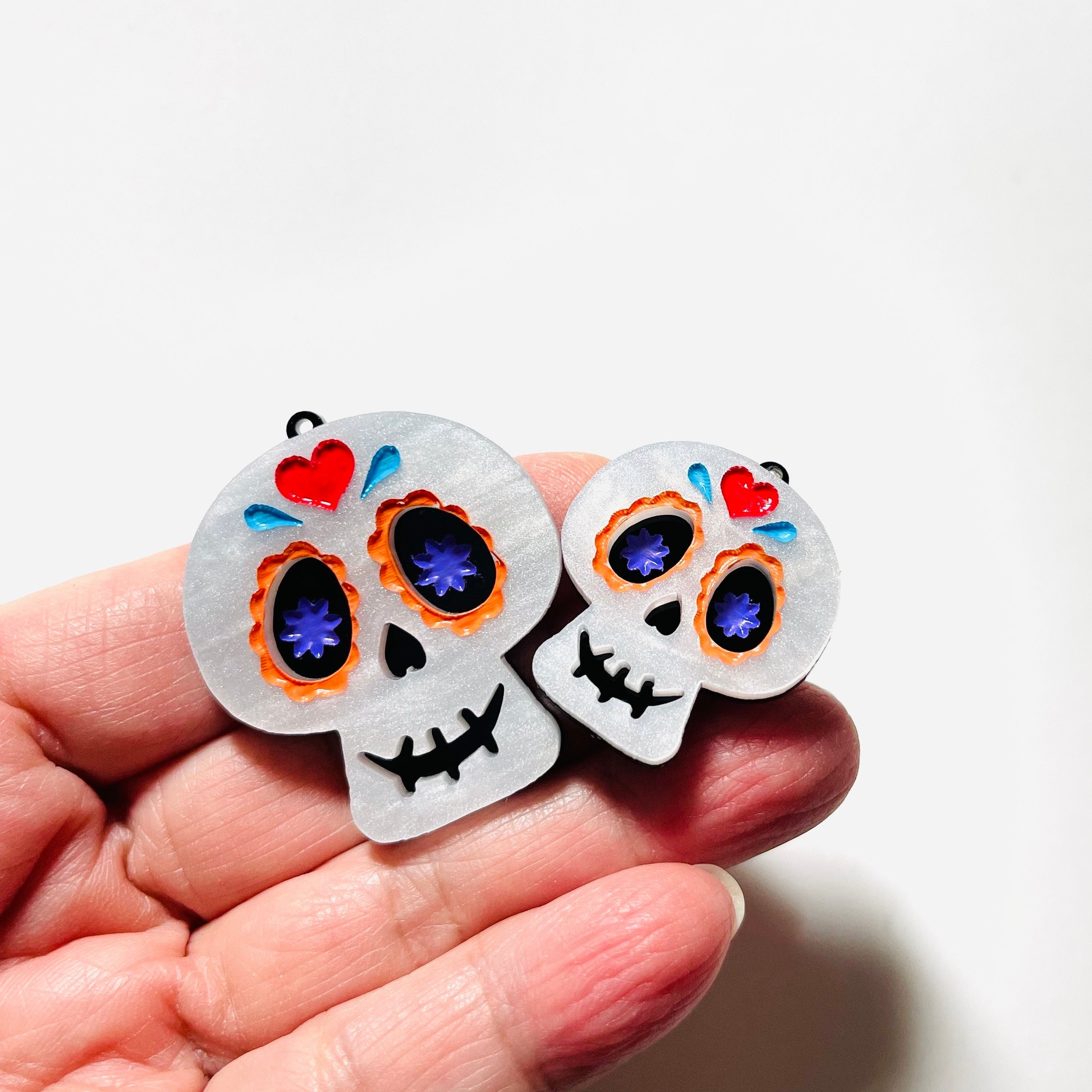 Boucles D'oreilles Pendantes Tête De Mort Jour Des Morts - Design Mexicain Gothique, Acrylique Coloré - Cadeau Halloween, Déguisement - 9
