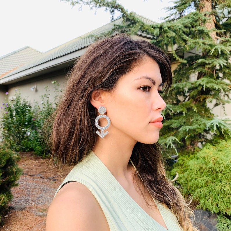 May include: Silver glitter earrings shaped like a male gender symbol. The earrings are dangling and have a circle at the top.