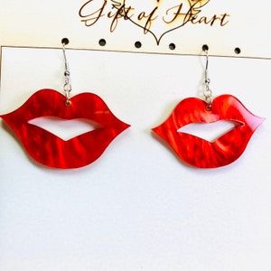 Red Lips Kiss Valentine's Day Acrylic Earrings, Love Statement Earrings Pierced or Clip-on