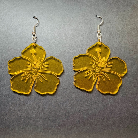 Yellow Hibiscus Flower Acrylic Earrings, Tropical Floral Statement  Earrings, Pierced or Clip-on