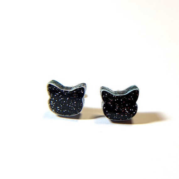 Laser Cut Acrylic Earrings Cat Lover Gift Black Cat Earrings with Sterling Silver Posts Black Glitter Cat Dangle Earrings