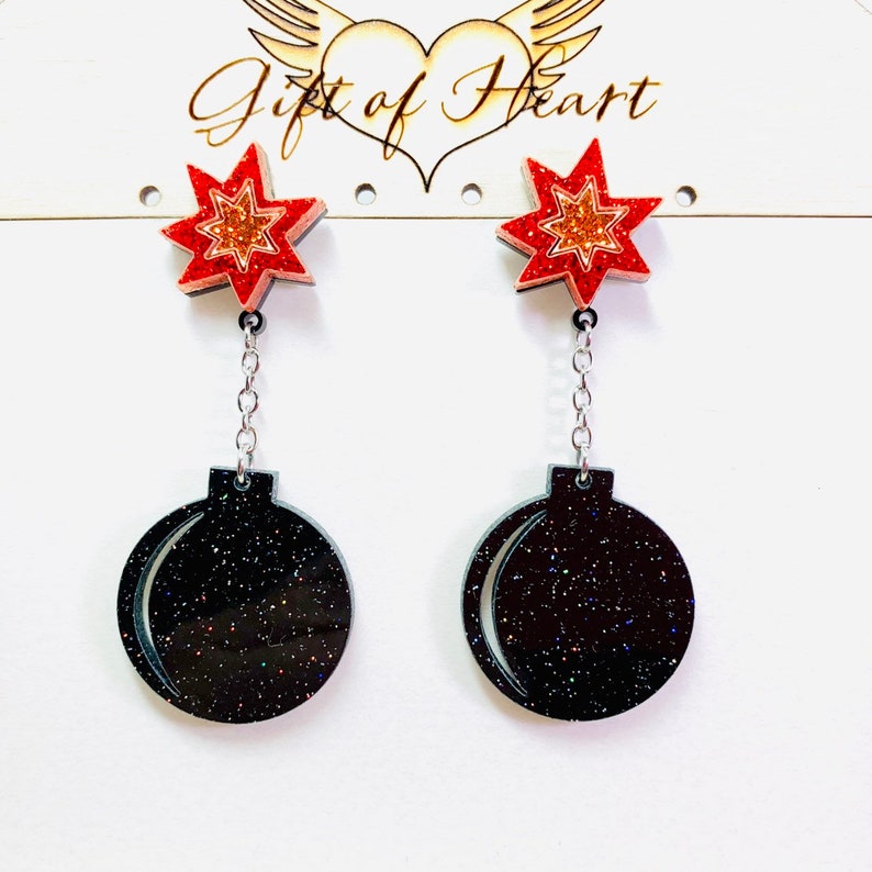 Glitter Bomb Earrings with Sterling Silver Posts Da Bomb Acrylic Earrings Black Explosive Statement Earrings