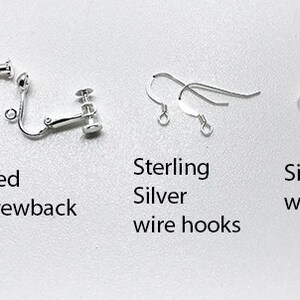 May include: Three different types of earring findings: silver plated clip on screwback, sterling silver wire hooks, and silver plated wire hooks.