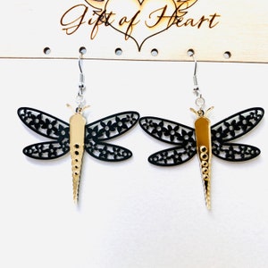 Black and Gold Dragonfly Acrylic Earrings, Insect Statement Earrings Pierced or Clip-on