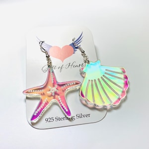 Zeester Seashell Mismatched Iriserende Oorbellen, Laser Cut Acryl Oorbellen, Rainbow Statement Oorbellen, Sea Shell Starfish Oorbellen