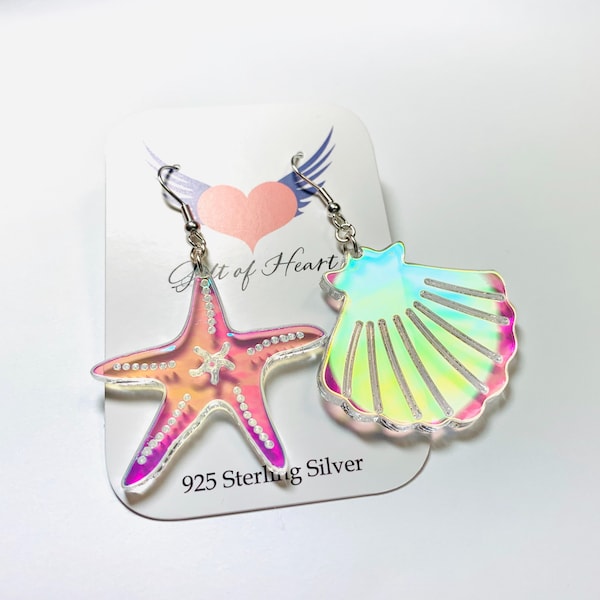 Starfish Seashell Mismatched Iridescent Earrings, Laser Cut Acrylic Earrings, Rainbow Statement Earrings, Sea Shell Starfish Earrings