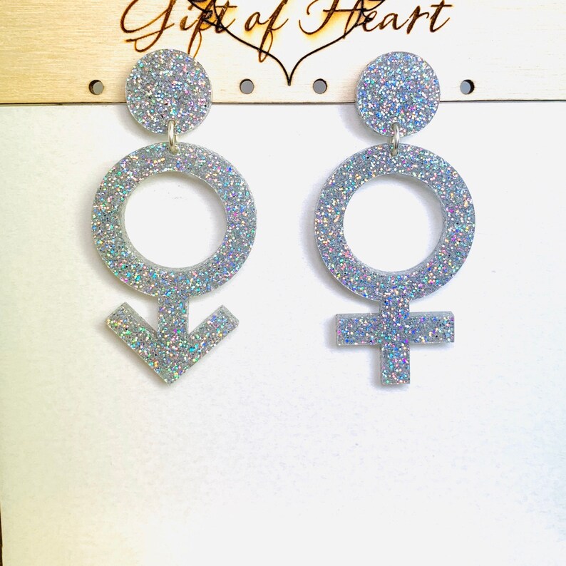 May include: A pair of silver glitter earrings shaped like the gender symbols. The earrings are on a white background.