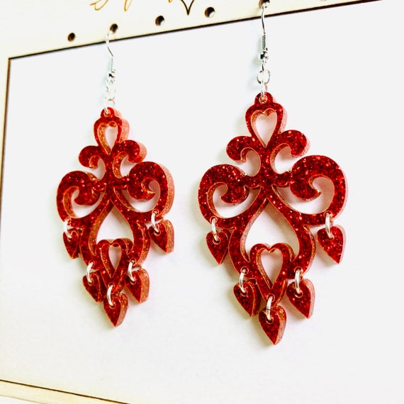 Laser Cut Red Glitter Chandelier Acrylic Earrings Love Statement