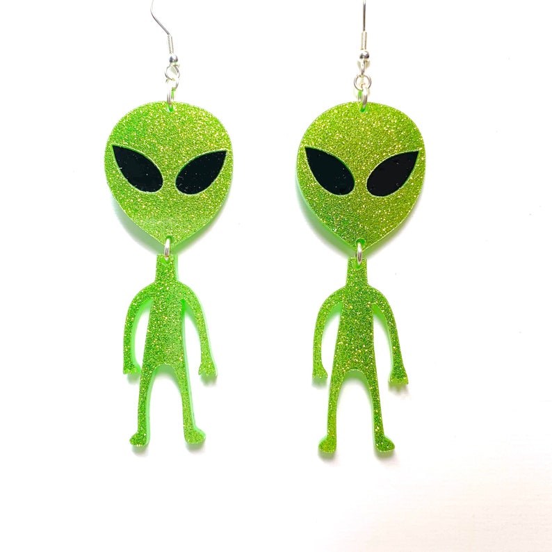Extraterrestrial Space Statement Earrings Pierced or Clip-on Green Alien Acrylic Earrings