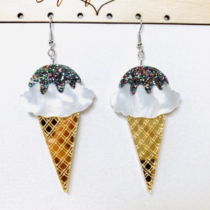 Laser Cut Ice Cream Cone Acrylic Earrings, Glitter Statement Earrings, Fun Earrings