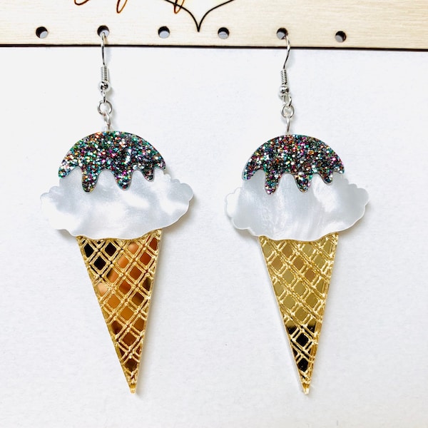 Laser Cut Ice Cream Cone Acrylic Earrings, Glitter Statement Earrings, Fun Earrings