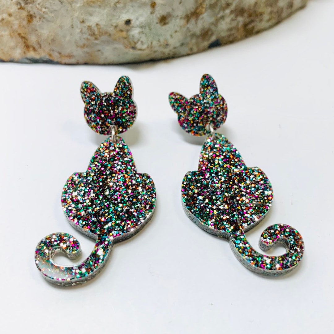 Glitter Cat Dangle Earrings, Laser Cut Acrylic Earrings, Rainbow
