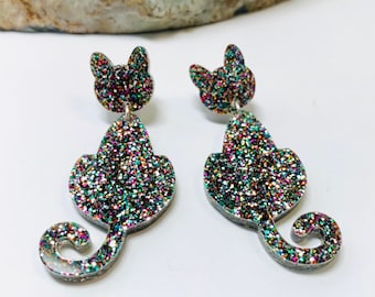 Glitter Cat Dangle Earrings, Laser Cut Acrylic Earrings, Rainbow Glitter Cat Earrings with Sterling Silver Posts, Cat Lover Gift