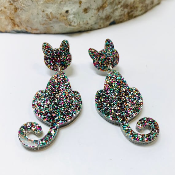 Laser Cut Acrylic Earrings Cat Lover Gift Black Cat Earrings with Sterling Silver Posts Black Glitter Cat Dangle Earrings