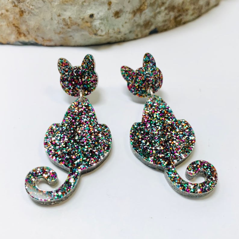 Glitter Cat Dangle Earrings Laser Cut Acrylic Earrings Etsy