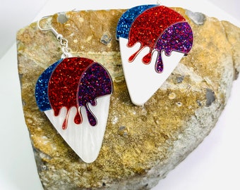 Snow Cone Glitter Acrylic Earrings, Food Statement Earrings, Ice Cream Earrings Pierced or Clip-on