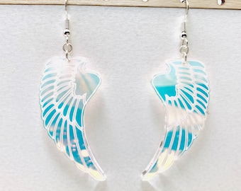 Iridescent Angel Wings Acrylic Earrings, Rainbow Statement Earrings Pierced or Clip-On