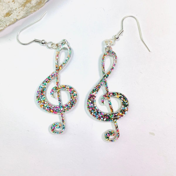 Treble Clef Acrylic Earrings, Musical Notation Rainbow Glitter Statement Earrings, Gift for Musician