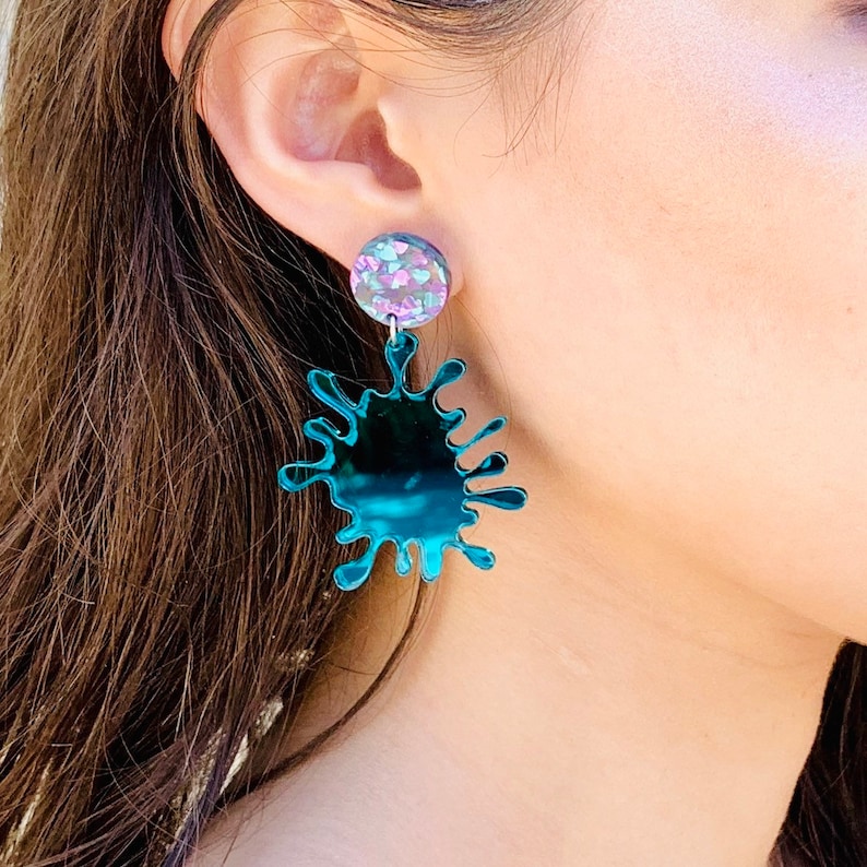 Teal Splat Acrylic Earrings Abstract Statement Earrings with Sterling Silver Posts