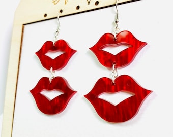 Red Lips Kisses Valentine's Day Acrylic Earrings, Statement Earrings, Gift for Her, Love Earrings, Mother's Day Gift