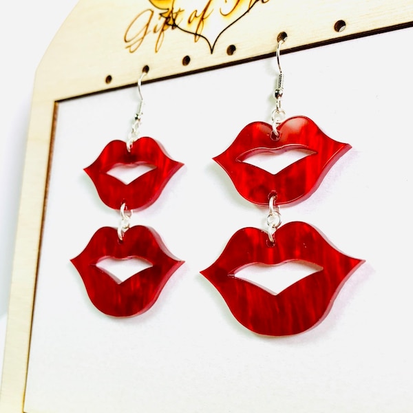 Red Lips Kisses Valentine's Day Acrylic Earrings, Statement Earrings, Gift for Her, Love Earrings, Mother's Day Gift