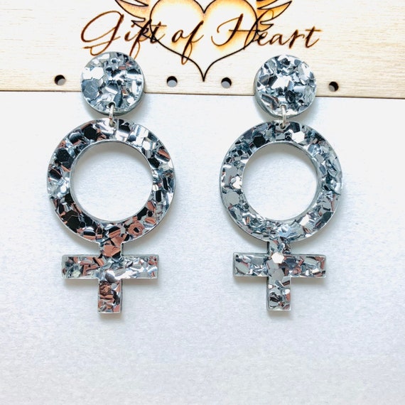 Silver Glitter Female Symbol Acrylic Earrings, Laser Cut Feminist Statement Earrings with Sterling Silver Posts