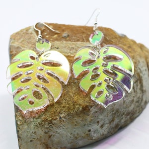 Small Iridescent Monstera Leaf Acrylic Earrings Laser Cut, Tropical Island Vacation Earrings, Nature Earrings, Rainbow Earrings
