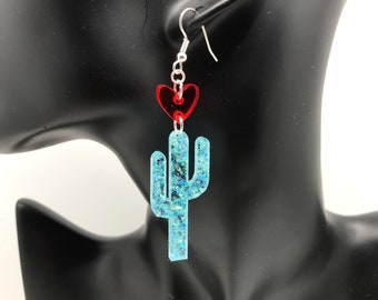 Teal Glitter Cactus Dangle Earrings, Southwestern Statement Boho Earrings, Glitter Cactus Earrings Gift for Her, Pierced or Clip-on