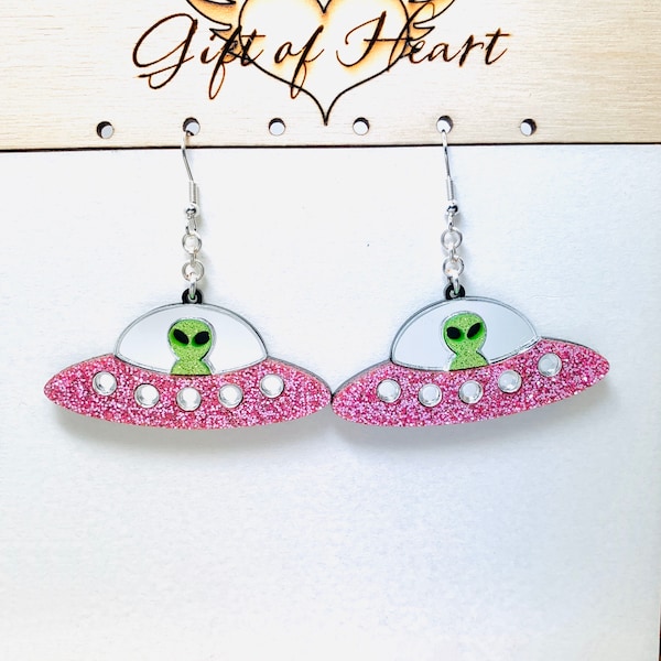 Pink or Navy Glitter UFO Acrylic Earrings, Green Alien Flying Saucer Earrings Pierced or Clip-on