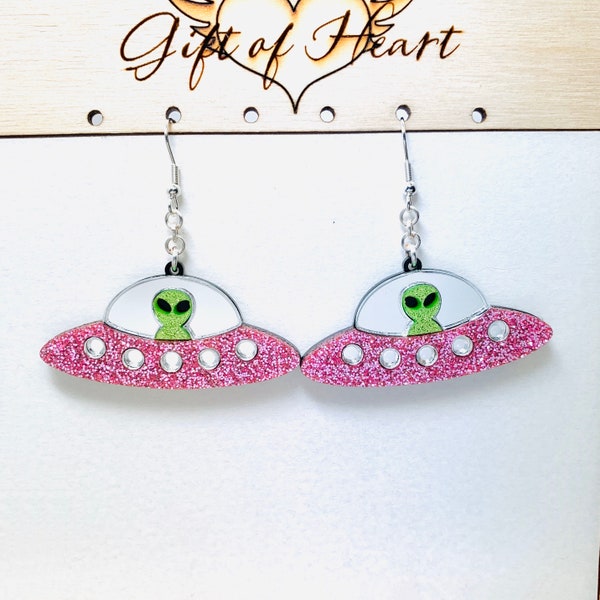 Pink or Navy Glitter UFO Acrylic Earrings, Green Alien Flying Saucer Earrings Pierced or Clip-on