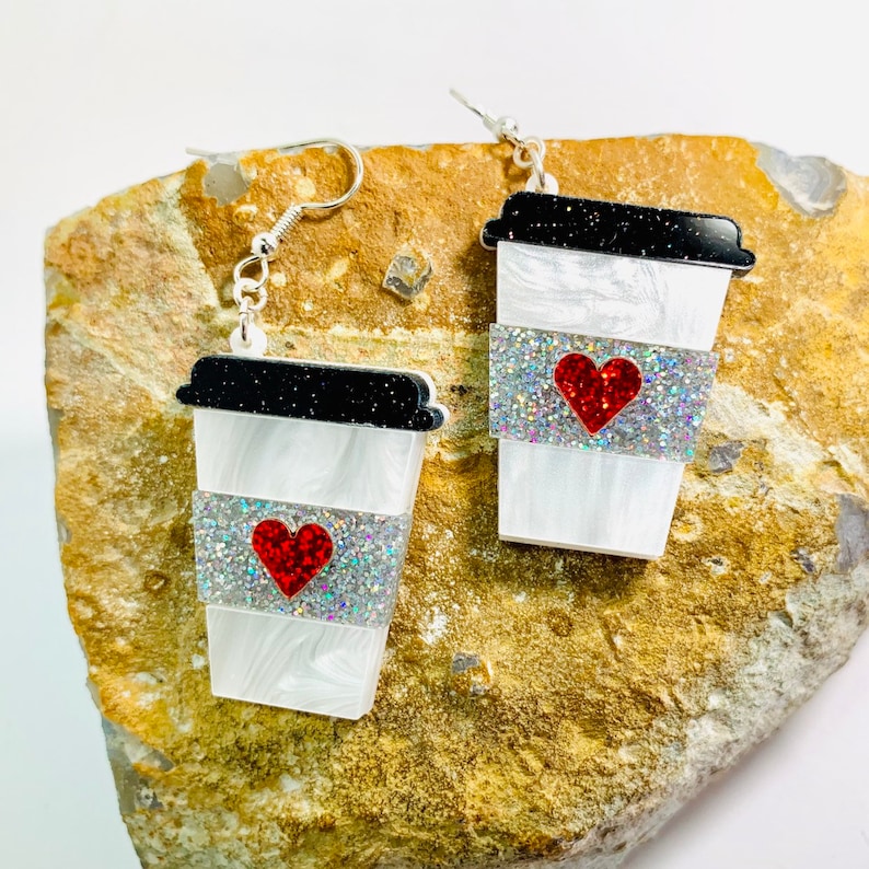 Laser Cut Coffee Glitter Statement Earrings Cup of Java Pierced or Clip-On Cup of Latte Acrylic Earrings