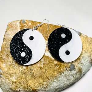 Yin and Yang Acrylic Earrings, Black and White Statement Earrings, Asian Inspired Earrings Pierced or Clip-on