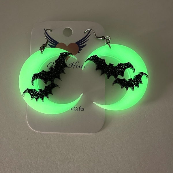 Glow in the Dark Moon with Bats Earrings, Halloween Spooky Statement Earrings Pierced or Clip-on